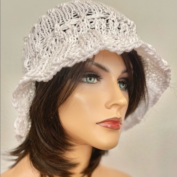 Hand Knits 2 Love White Cotton Brim Hat Cap Lace Pearls White Designer Lace Chic - Picture 9 of 9